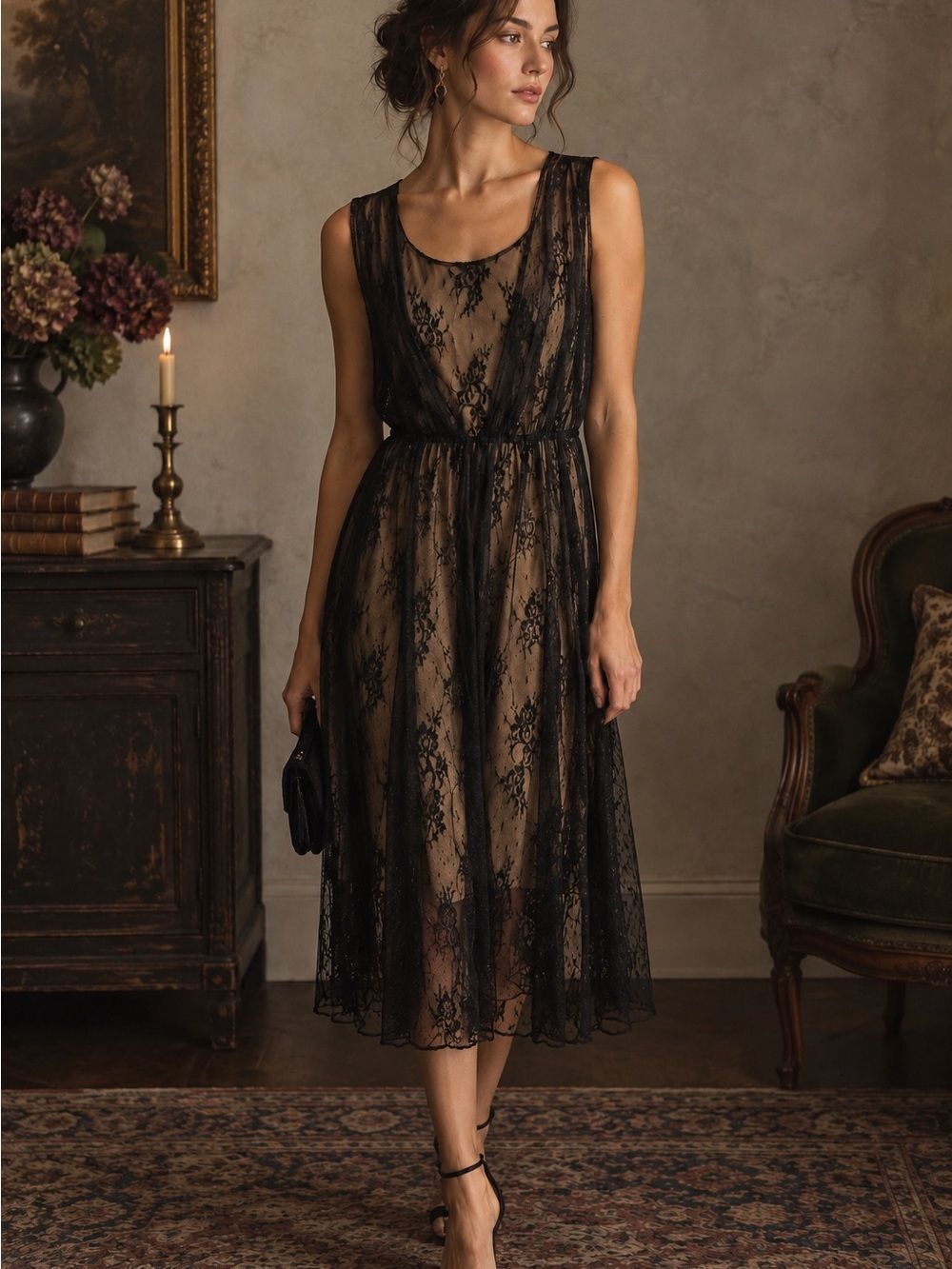 Classic Black Lace Overlay Dress XL Midid Gothic Whimsigoth Victorian Romantic